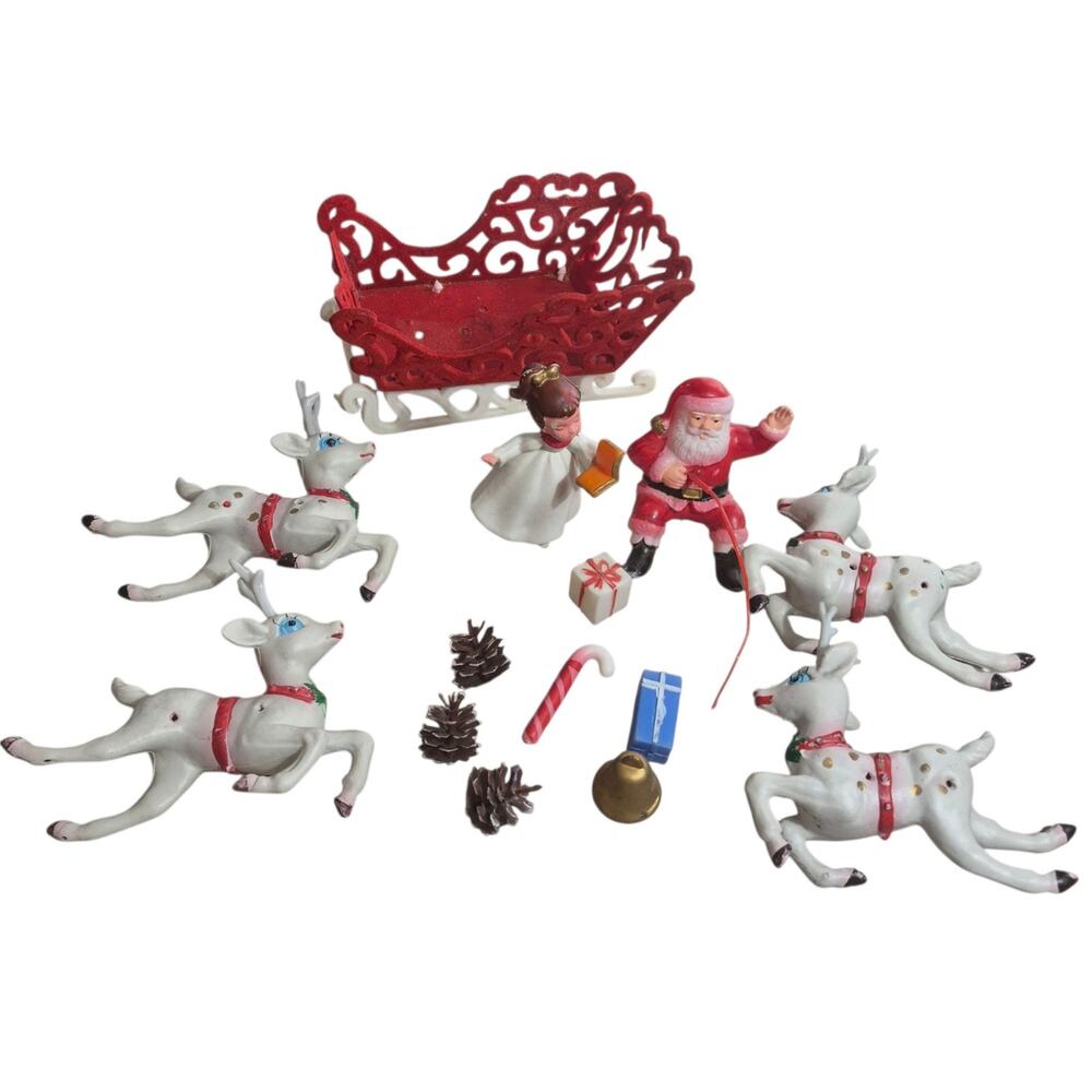 VTG Blow Mold Santa & Sleigh with Accessories for Christmas Crafting 14pc Bundle
